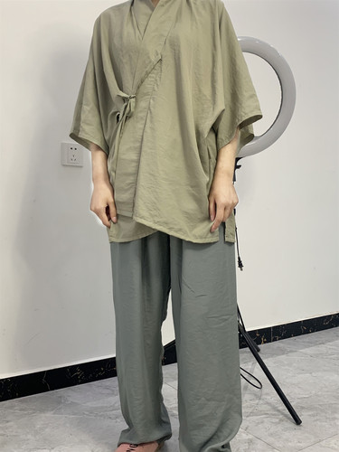 汉墨记原创天丝睡衣汉服短裤套装纯色对交穿半袖短衫日常情侣款男