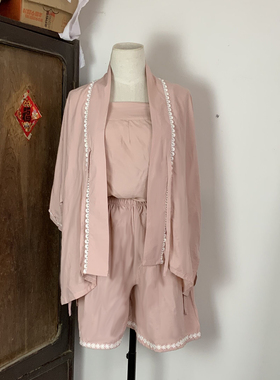 汉墨记原创天丝睡衣汉服短裤套装纯色对交穿半袖短衫内搭日常女夏