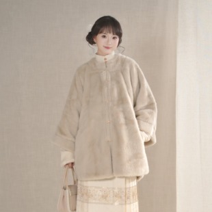 披袄冬季 仿貂毛汉服日常通勤明外套制方领半袖 女 毛茸茸 汉墨记