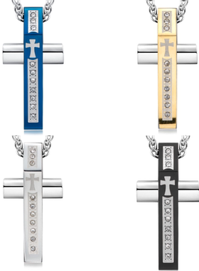 镶钻十字项链欧美潮男项饰饰品钛
