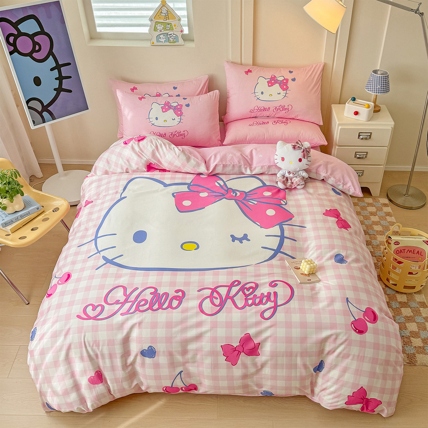 hellokitty全棉四件套女孩纯棉卡通儿童床上用品被套床单床笠粉色