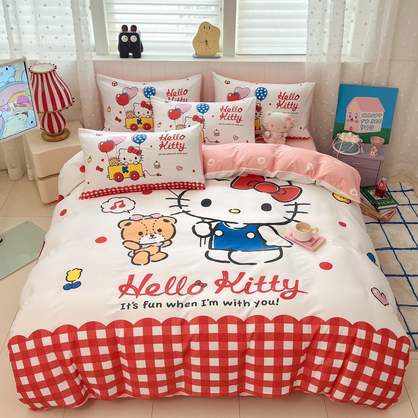 Hellokitty100%纯棉床上四件套三丽鸥全棉床单被套儿童卡通三件套