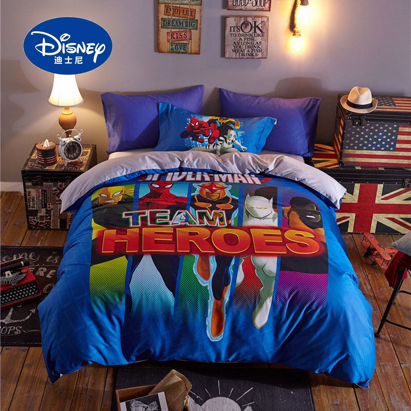漫威美国队长全棉床上四件套男孩超人宿舍纯棉床单三件套儿童床笠