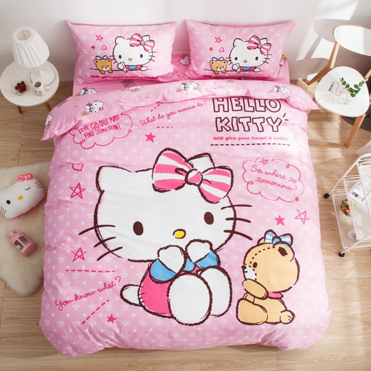 hellokitty纯棉四件套儿童KT猫三件套卡通床单床笠女孩凯蒂猫被套