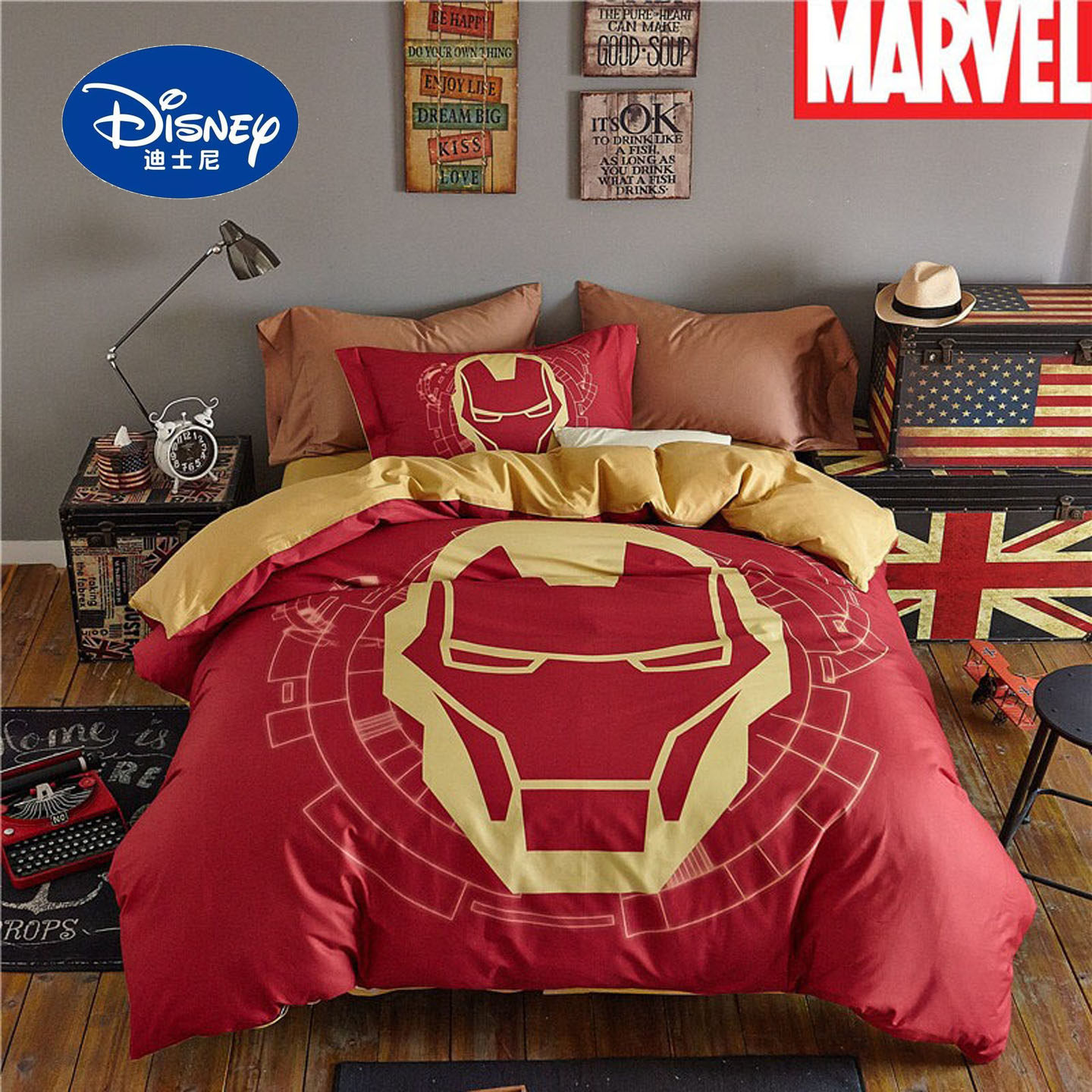 卡通全棉漫威钢铁侠四件套床上用品1.5m1.8米被套床单纯棉三件套