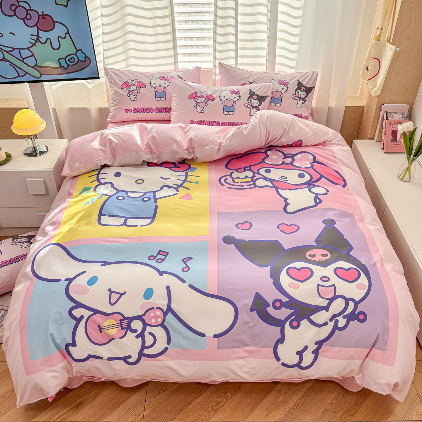 卡通风凯蒂KT猫床上全棉四件套HelloKitty儿童三件套纯棉床单被套