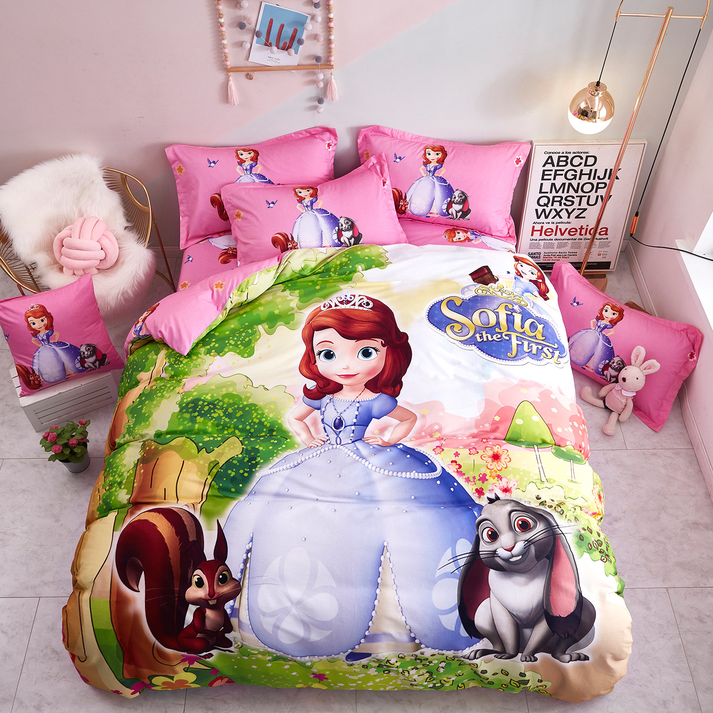 迪士尼公主纯棉四件套女孩床单三件套苏菲亚卡通儿童床上用品可爱