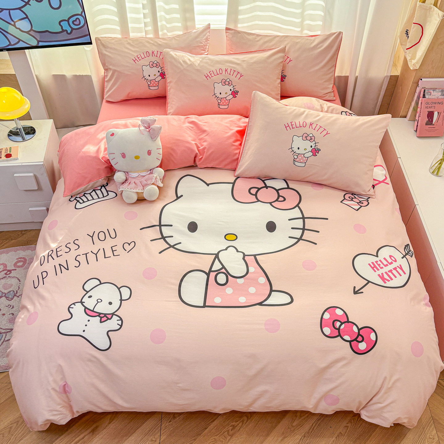 hellokitty纯棉床上四件套女KT猫床单被套儿童0.9m床笠三件套卡通