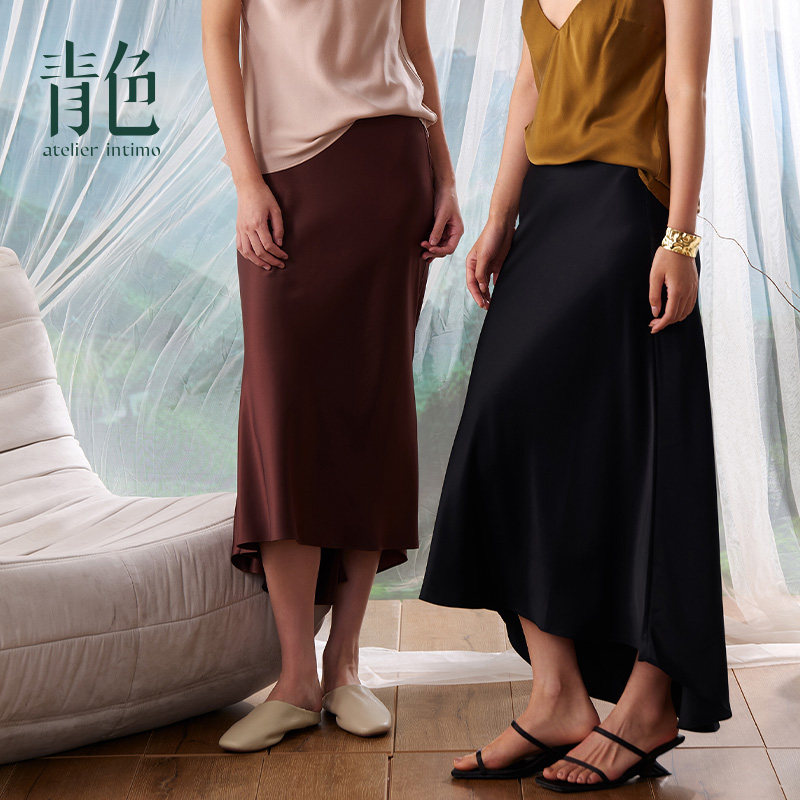 【浮香】青色醋酸缎面垂坠感鱼尾半身裙女气质不规则半身裙长款,女装/女士精品,半身裙,淘宝优惠券,粉丝福利购,淘宝优惠卷