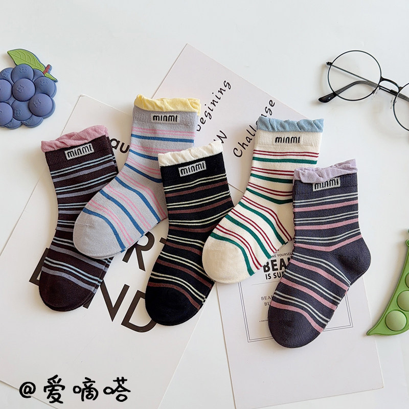 爱嘀嗒儿童袜子秋季精梳棉韩版泡泡口条纹百搭复古女宝学生中筒袜