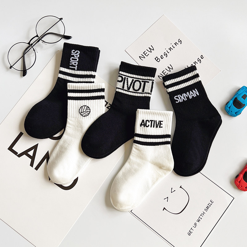 儿童袜子春秋季韩版带字母黑白灰嘻哈风男女中大童学生中高筒潮袜