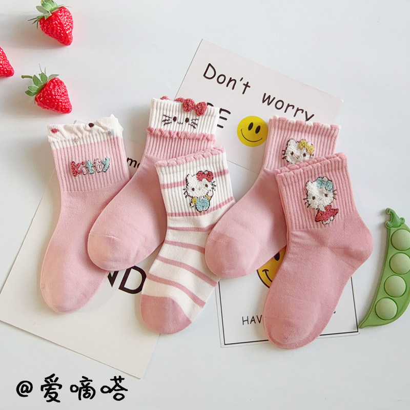爱嘀嗒儿童袜子秋季精梳棉韩版粉色卡通可爱小猫女童学生中筒潮袜