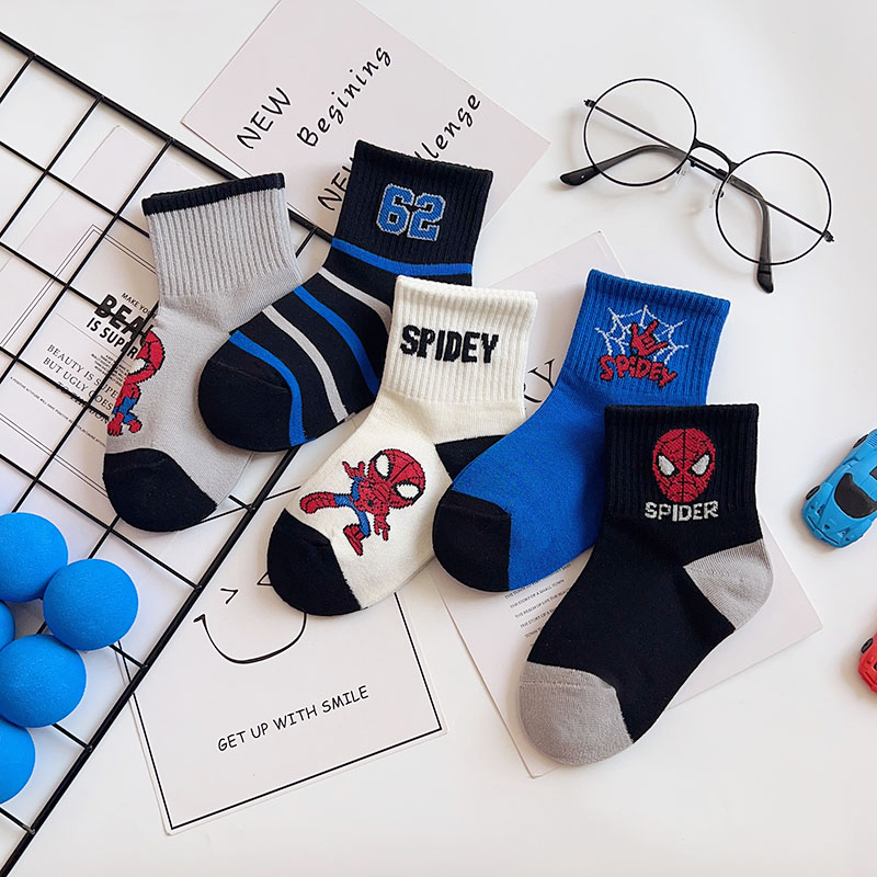 儿童袜子秋冬季精梳棉透气吸汗卡通动漫蜘蛛侠男童学生运动中筒袜