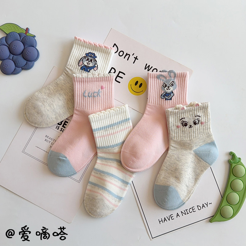 爱嘀嗒儿童袜子秋冬季精梳棉卡通可爱小兔子条纹女童学生中筒袜