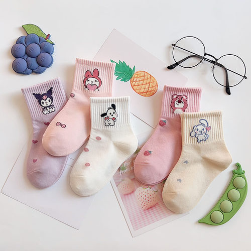 儿童袜子秋冬季精梳棉透气卡通草莓熊美乐蒂女宝学生运动中筒袜