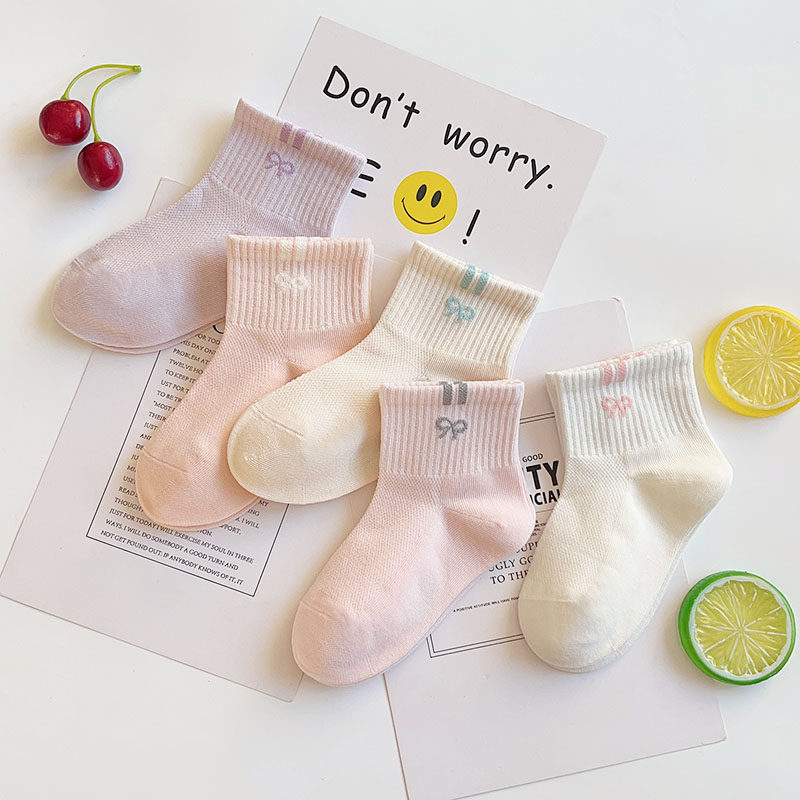 爱嘀嗒儿童袜子春夏季薄款网面透气吸汗韩版甜美蝴蝶结女宝短筒袜