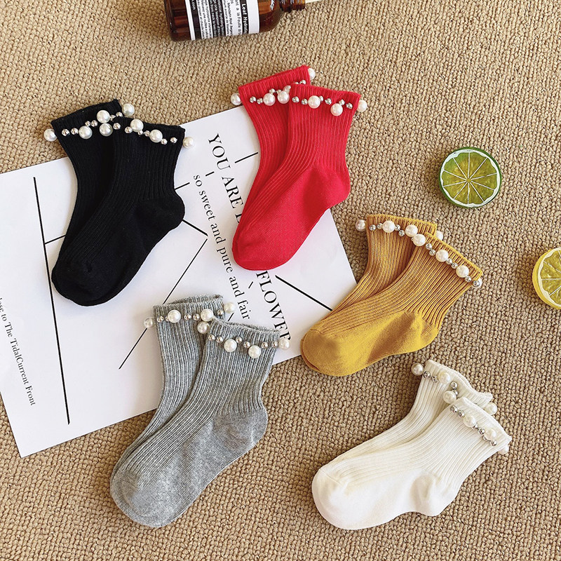 儿童袜子春夏季韩版双针纯棉条纹带珍珠边可爱百搭堆堆中筒学生袜