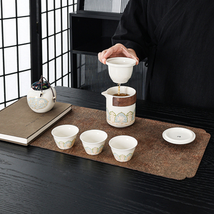 陶瓷快客杯一壶三杯茶叶罐伴手礼品户外便携泡茶器 旅行茶具套装