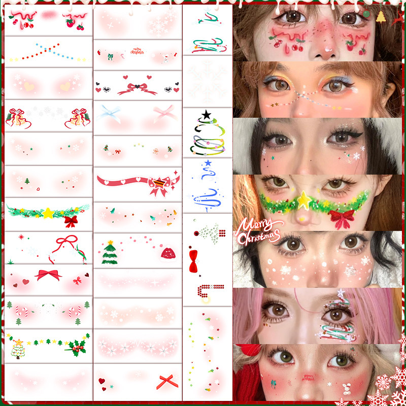 圣诞节妆容脸贴仿真蝴蝶结雪花彩色纹身贴防水个性辣妹高颜值贴纸