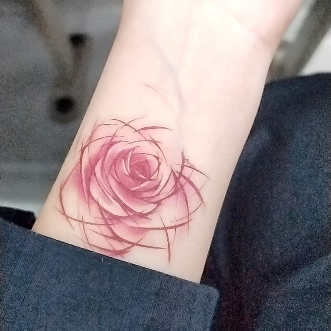 黑巴克刀刻玫瑰 纯欲手腕红色血痕纹身贴防水持久逼真刺青贴纸ins