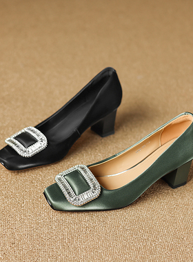 丝绸牛皮2025新款方头粗跟高跟鞋水钻方扣浅口单鞋女鞋LF004