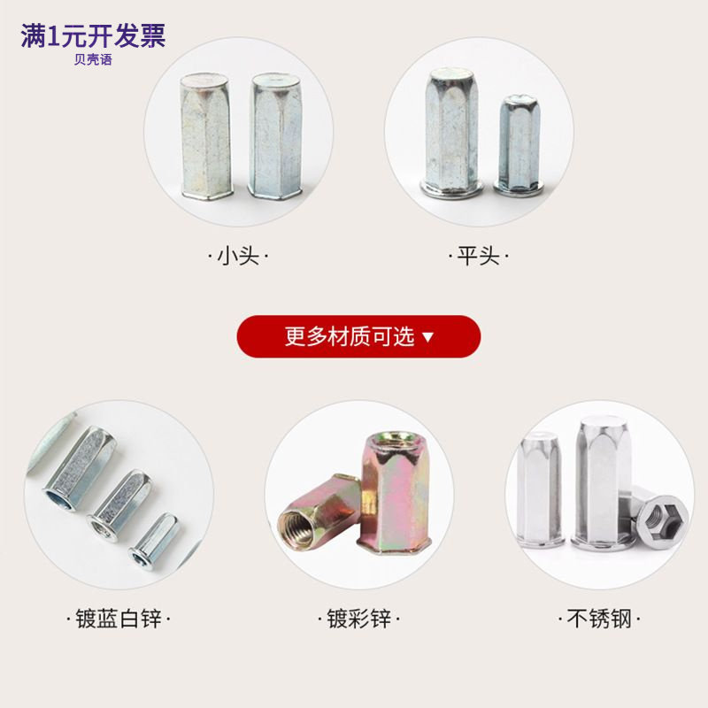 蓝白锌彩锌内外全六角拉铆螺母盲