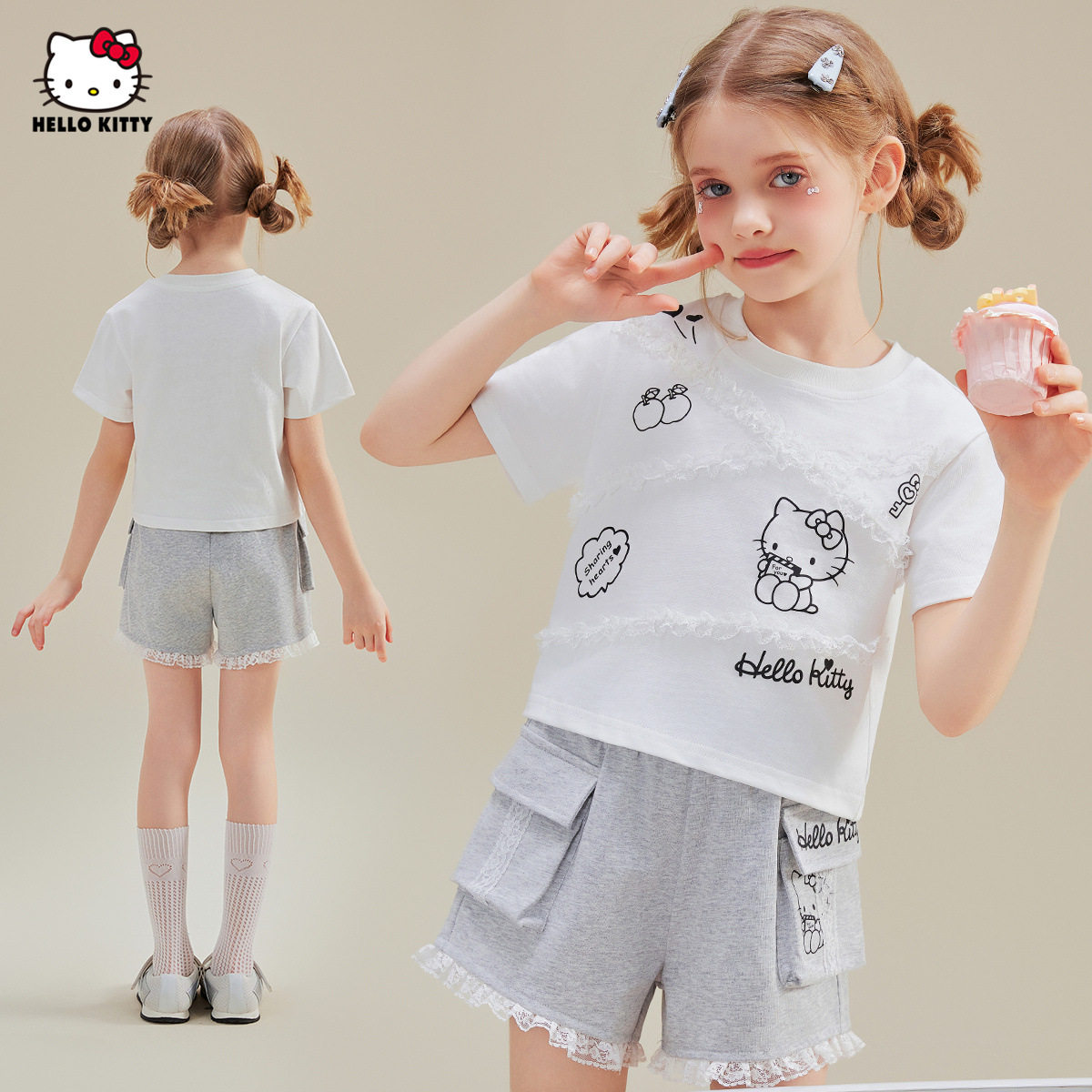 HelloKitty凯蒂猫女童夏季蕾丝拼接甜美短袖短裤套装2025两件套