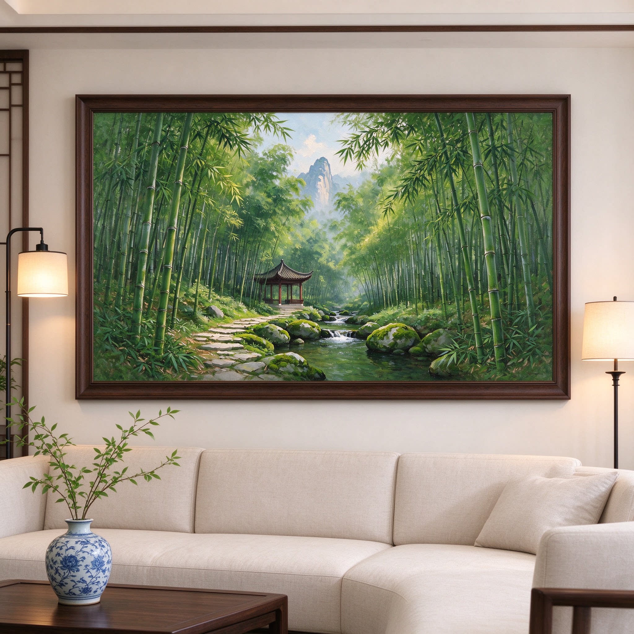 新中式竹林山水油画手绘客厅装饰画沙发背景墙挂画茶室书房风景