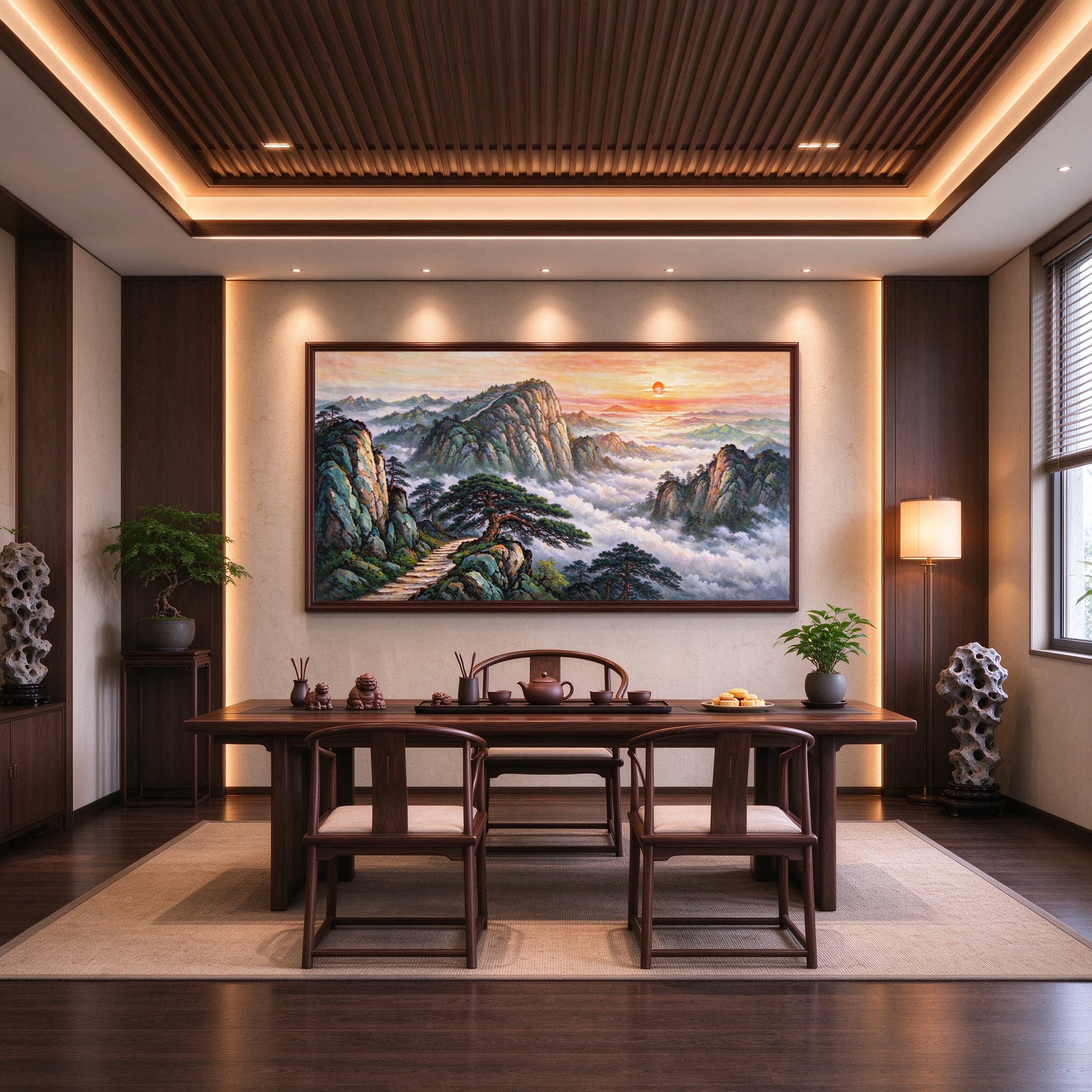 新中式泰山日出迎客松手绘油画挂画办公室老板桌背景墙装饰风水画