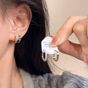 方形锆石S925银圈圈冷淡耳环女高级感轻奢小众精致防过敏耳钉耳圈