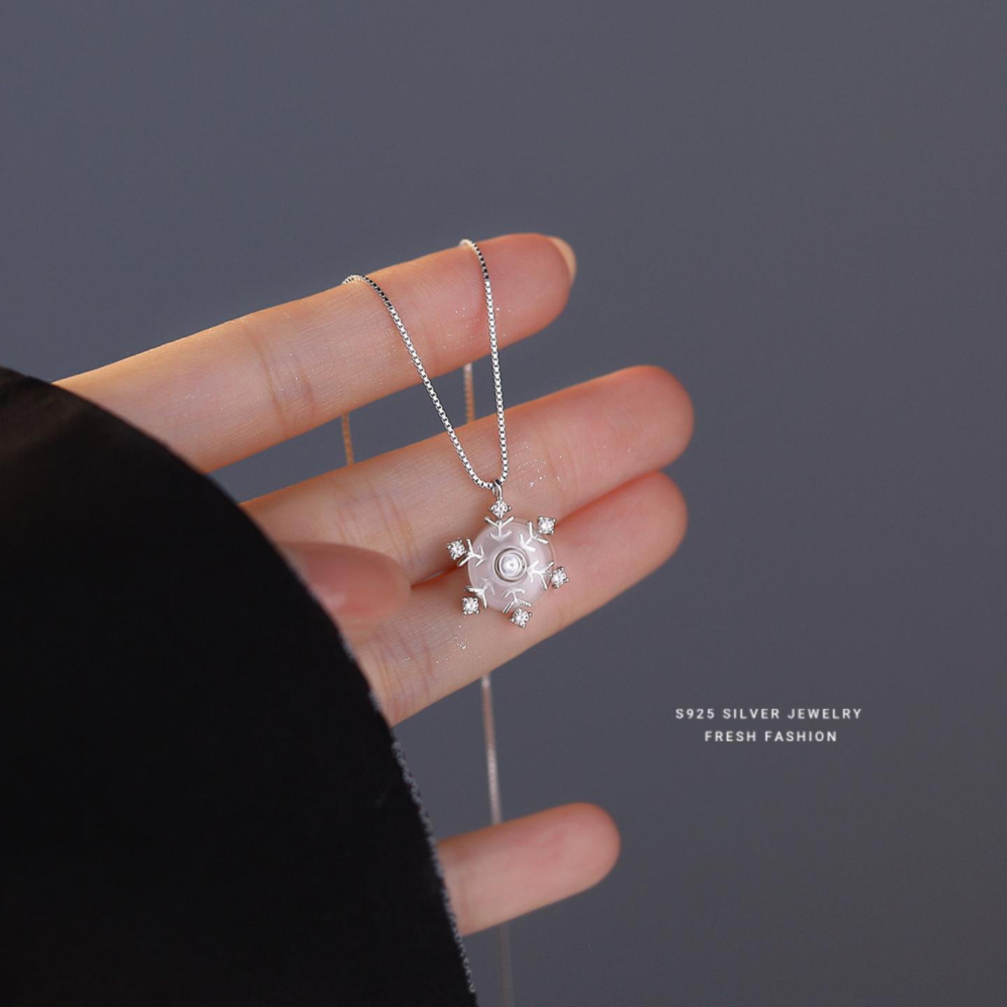 s925纯银镶钻雪花可转动项链女