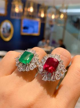 珠宝精工豪镶仿真红宝 祖母绿 长方形花边女式戒指主10*12