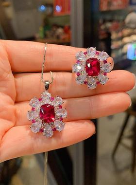 珠宝欧美复古仿真鸽血红宝石微镶钻吊坠戒指套装主石10*12