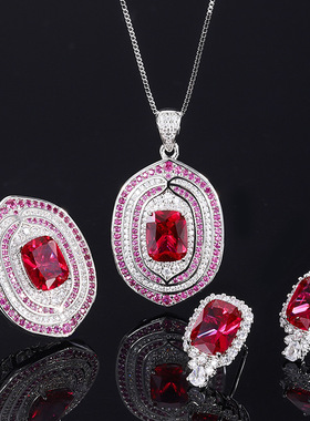 珠宝复古戒指仿真红宝石双色石镶钻吊坠戒指耳钉套装主8*10