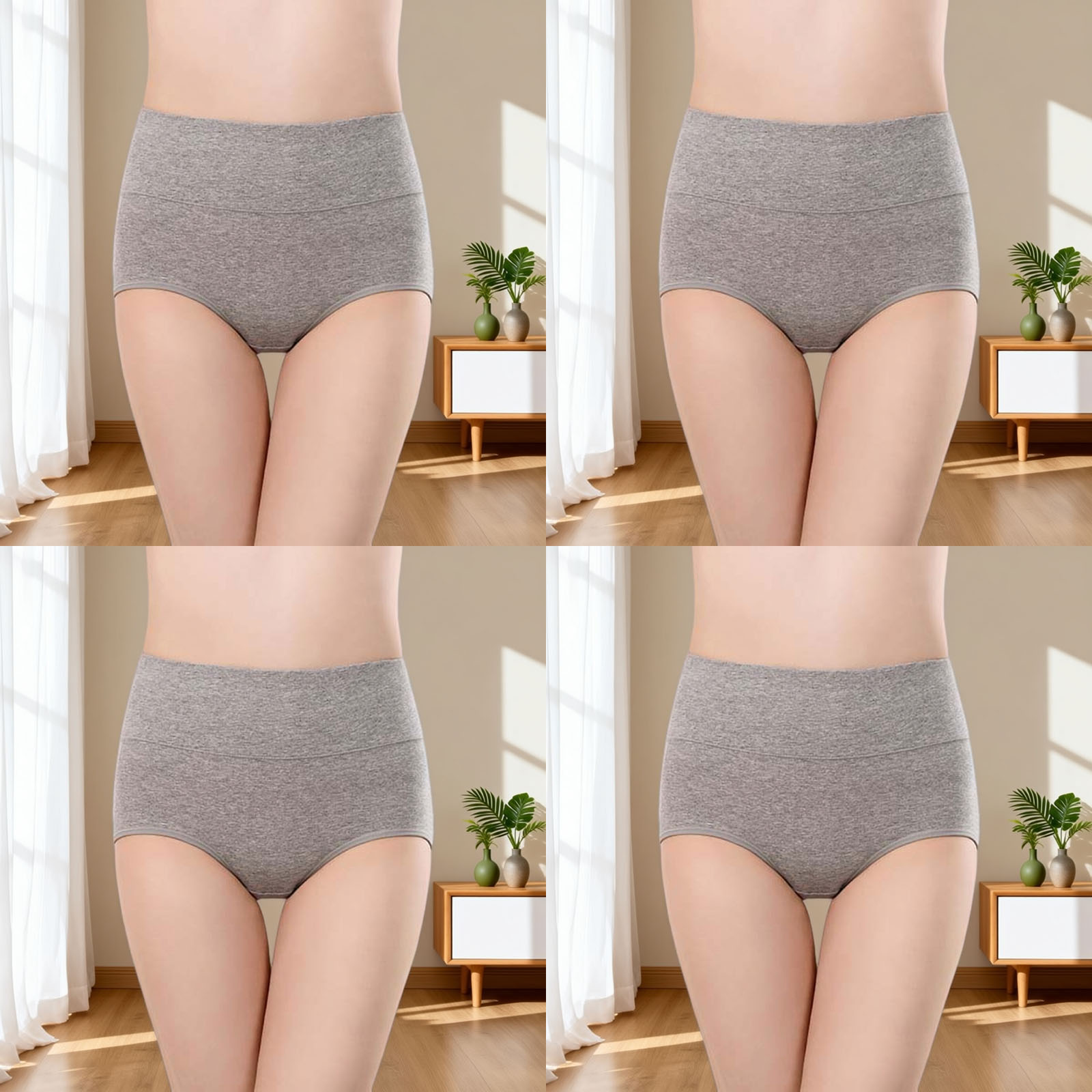 4条 纯色灰色黑色高腰纯棉内裤女士舒适透气提臀包臀妈妈女生裤头