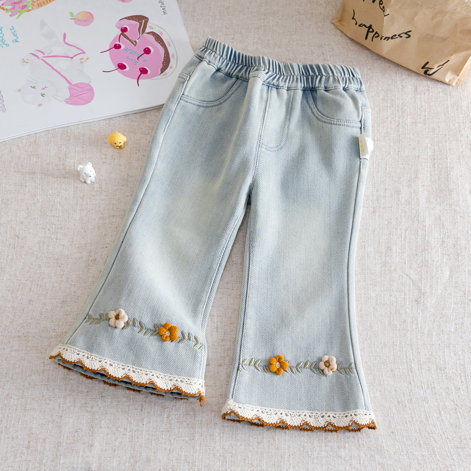 女童加绒牛仔裤秋冬款儿童喇叭裤