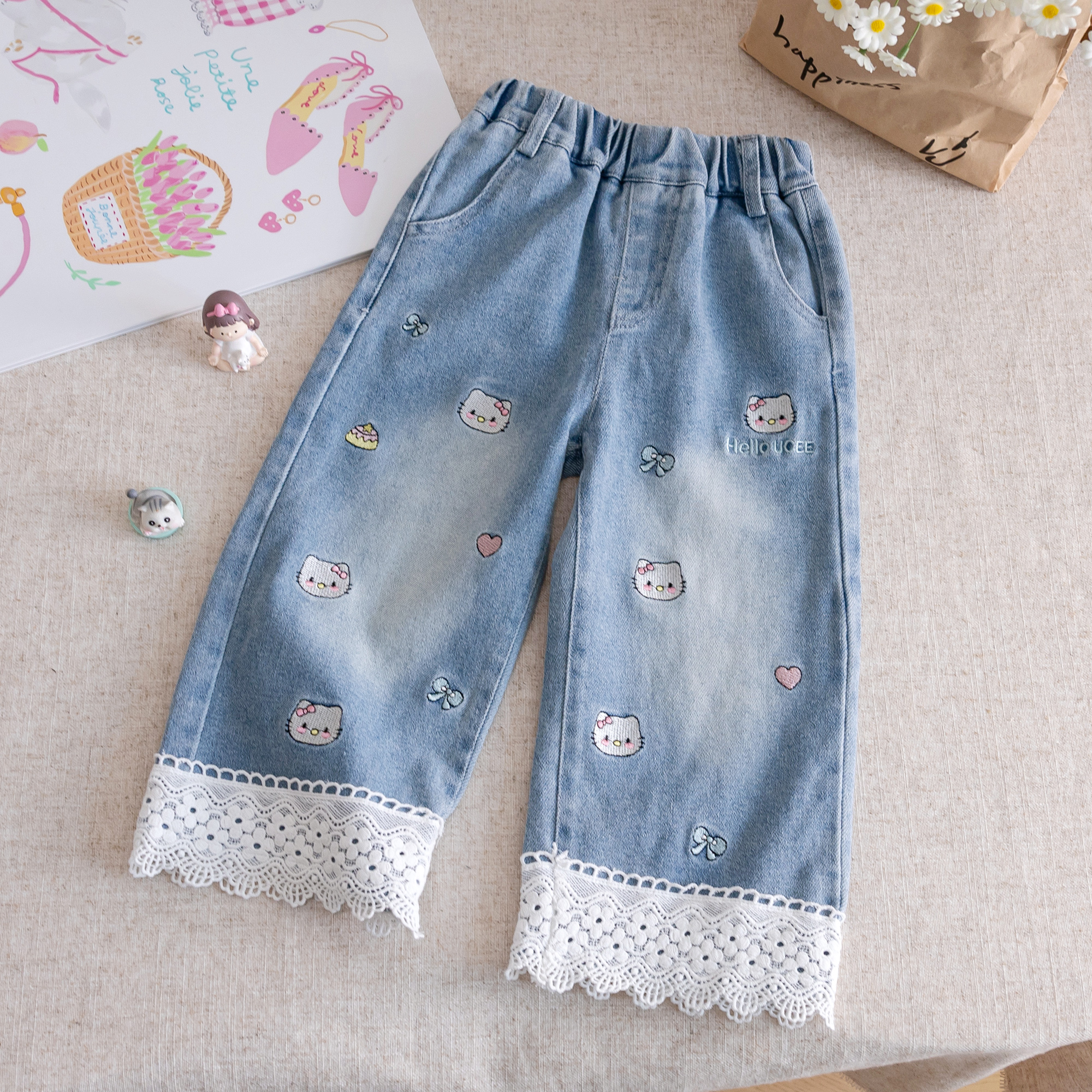 女童牛仔裤春秋款阔腿裤