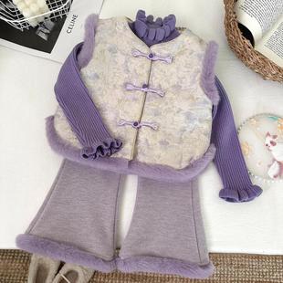 女童套装秋冬装2025新款韩系儿童加绒周岁礼服过年拜年汉服三件套