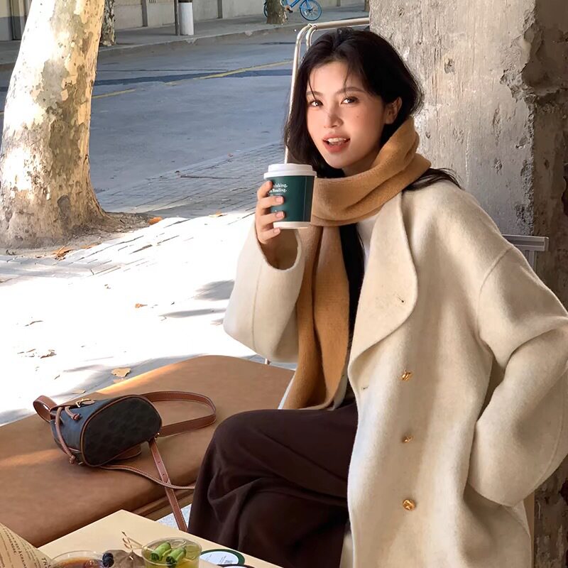感金扣双面羊绒大衣女2025秋冬新款立领加长款韩版羊毛呢大衣