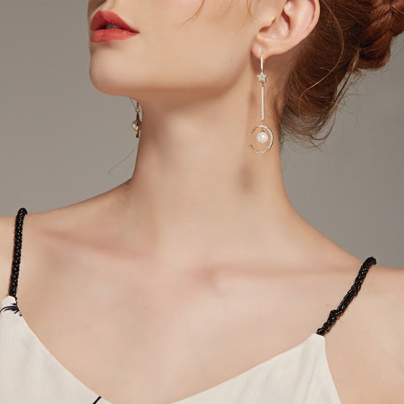 yingacc925银针时尚五角星气质月亮百搭耳钉女长款修饰脸型对称款