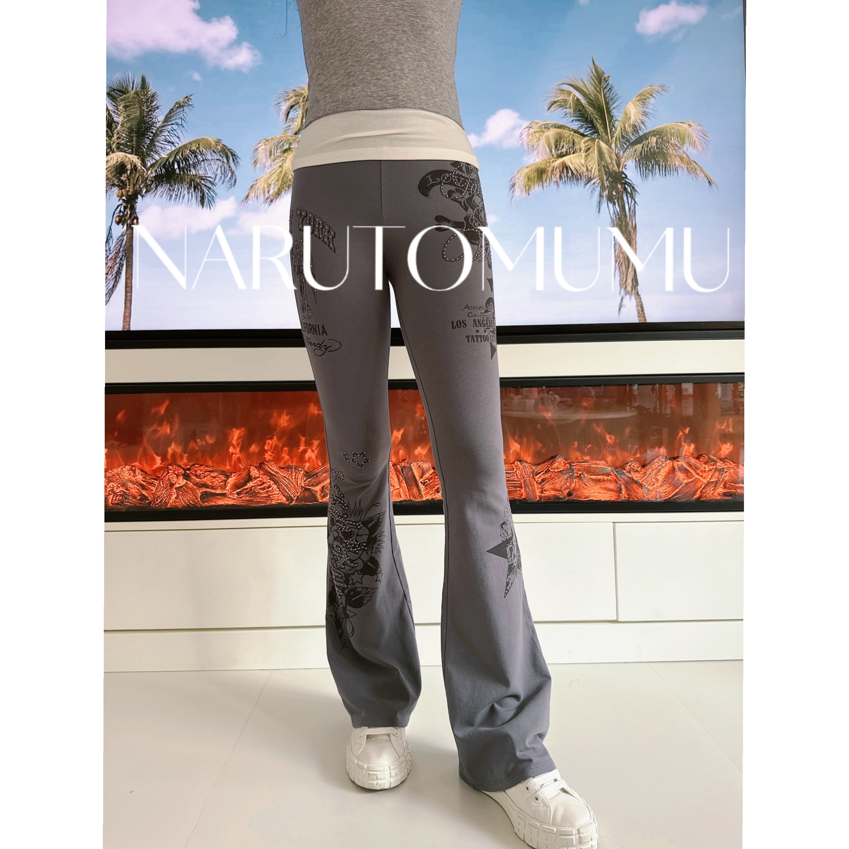 小姐姐全球购ED HARDY刺青铆钉印花 微喇 弹力 打底裤 女款26春01