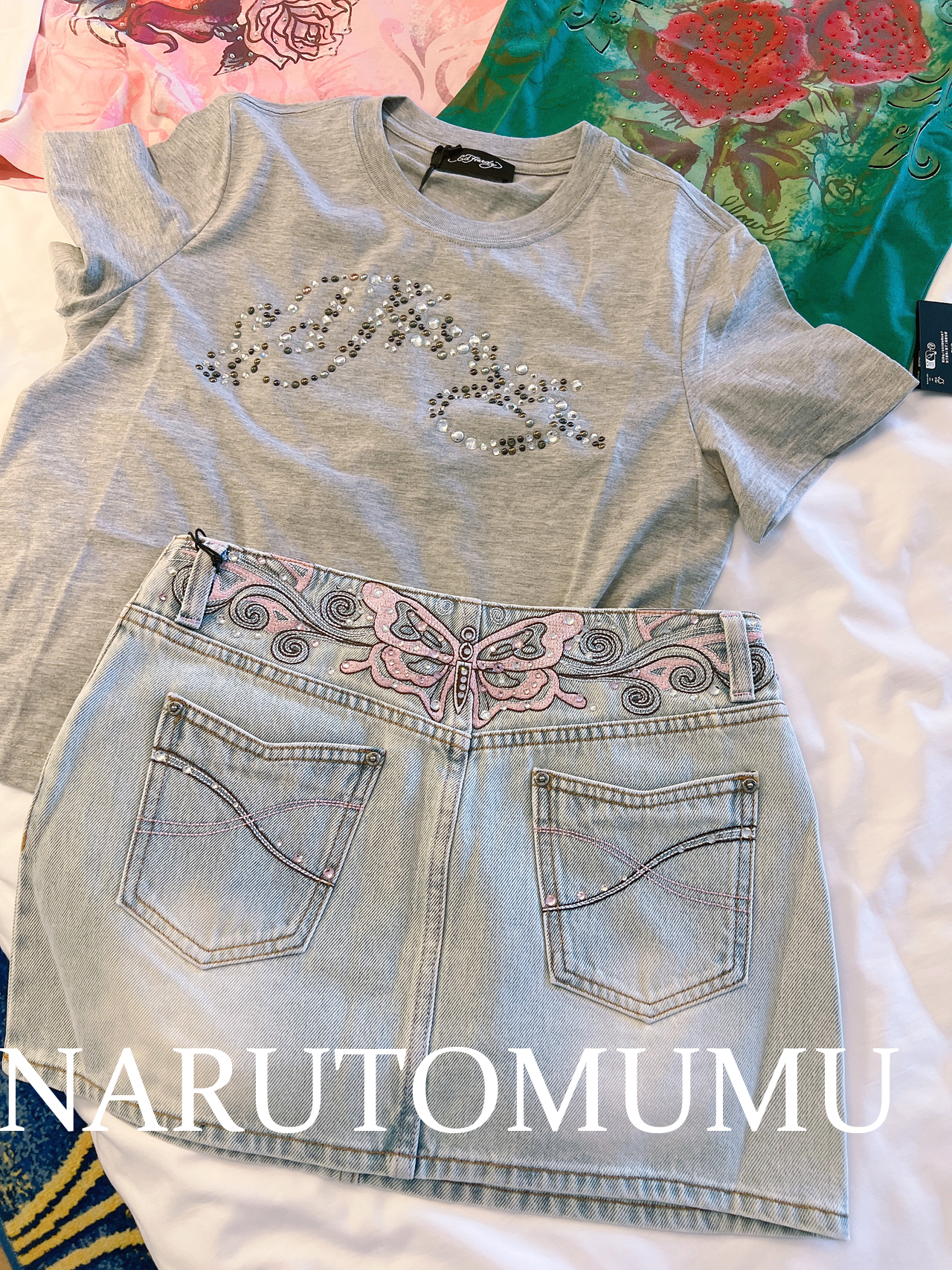 小姐姐全球购ED HARDY水钻logo 刺绣蝴蝶 牛仔半身裙 女款24夏Z04