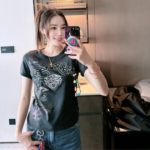 小姐姐全球购ED HARDY 做旧复古海报  虎头 短袖T恤 女款25夏Z04
