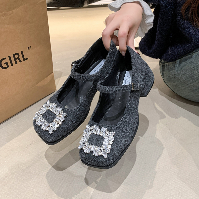 法式粗跟气质水钻女鞋