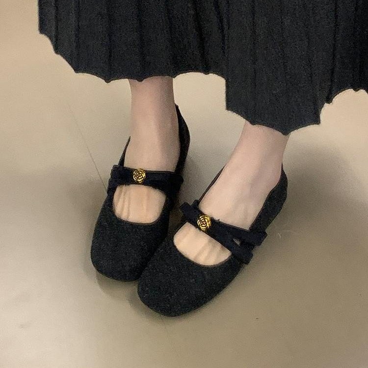 小众灰色内增高复古绒面方扣水钻加绒玛丽珍鞋女2025新款芭蕾棉鞋