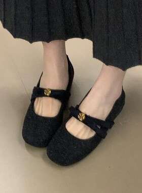 小众灰色内增高复古绒面方扣水钻加绒玛丽珍鞋女2026新款芭蕾棉鞋