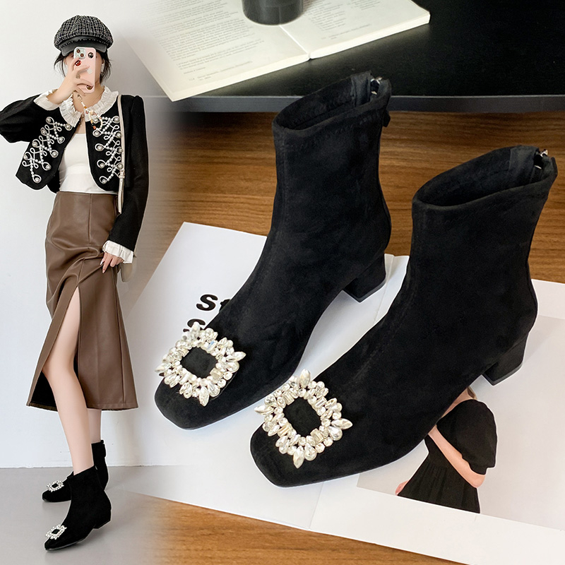 法式小短靴女2025秋冬新款方扣水钻弹力靴低粗跟方头加绒面瘦瘦靴
