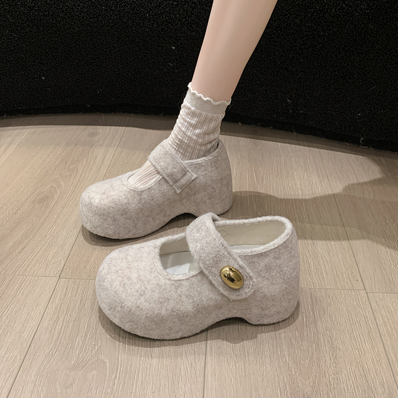 6cm增高跟灰色呢子玛丽珍鞋女