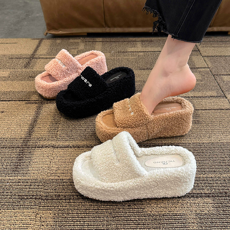 羊羔毛坡跟增高毛拖毛绒外穿2025新款厚底毛毛拖鞋秋冬晨袍棉拖