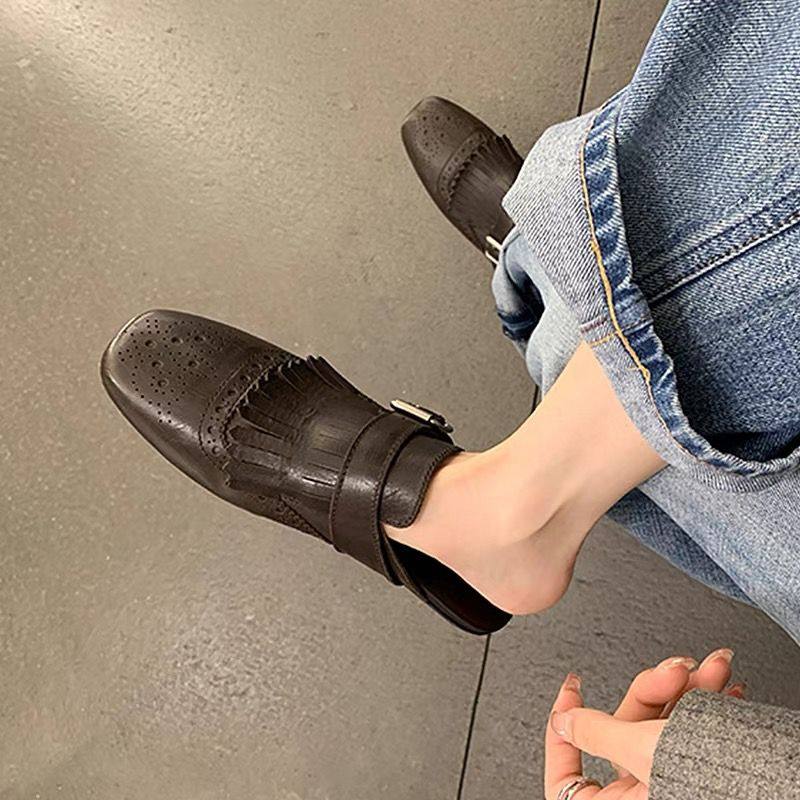 穆勒半拖鞋女外穿2026新款春秋一脚蹬懒人雕花流苏包头平底凉拖鞋,女鞋,穆勒鞋,淘宝优惠券,粉丝福利购,淘宝优惠卷